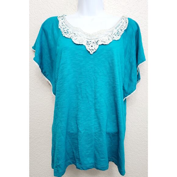 Fresh Teal Blue Short Flutter Sleeve Lace Bodice Top Medium Lightweight Soft - Picture 1 of 5